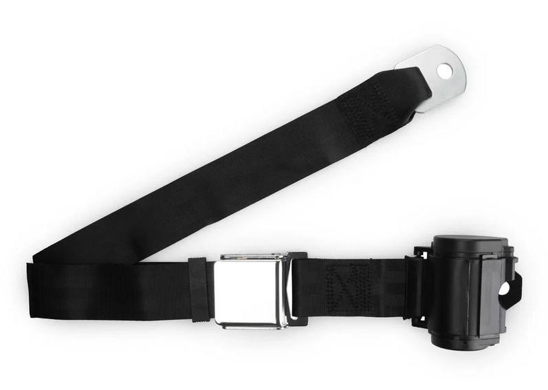 2pt black retractable lap belt chrome aviation buckle w/lap belt hardware kit RETROBELT 259-BLK-21
