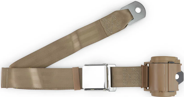 2pt tan retractable lap belt chrome aviation buckle w/lap belt hardware kit RETROBELT 259-TAN-21