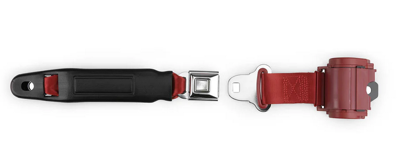 2pt bright red retractable lap belt chrome starburst pushbutton 12