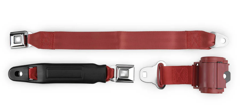 2pt bright red retractable lap belt chrome starburst pushbutton 20