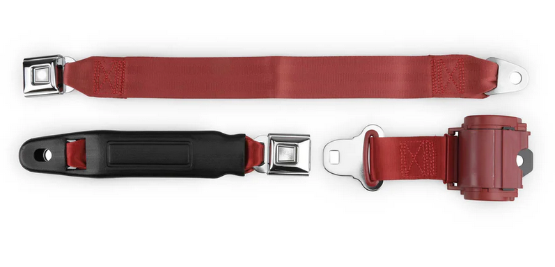 2pt bright red retractable lap belt chrome starburst pushbutton 20