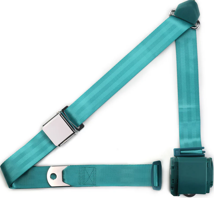 3pt aqua retractable lap & shoulder belt chrome aviation buckle RETROBELT 359-AQA 3pt aqua retractable lap & shoulder belt chrome aviation buckle RETROBELT 359-AQA