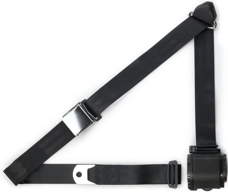 3pt black retractable lap & shoulder belt chrome aviation buckle RETROBELT 359-BLK 3pt black retractable lap & shoulder belt chrome aviation buckle RETROBELT 359-BLK