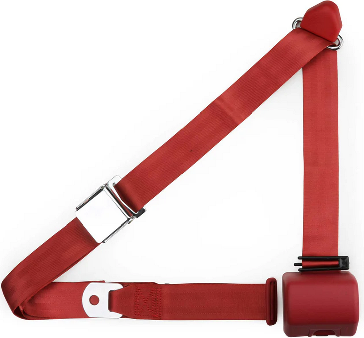 3pt bright red retractable lap & shoulder belt chrome aviation buckle RETROBELT 359-BRD 3pt bright red retractable lap & shoulder belt chrome aviation buckle RETROBELT 359-BRD