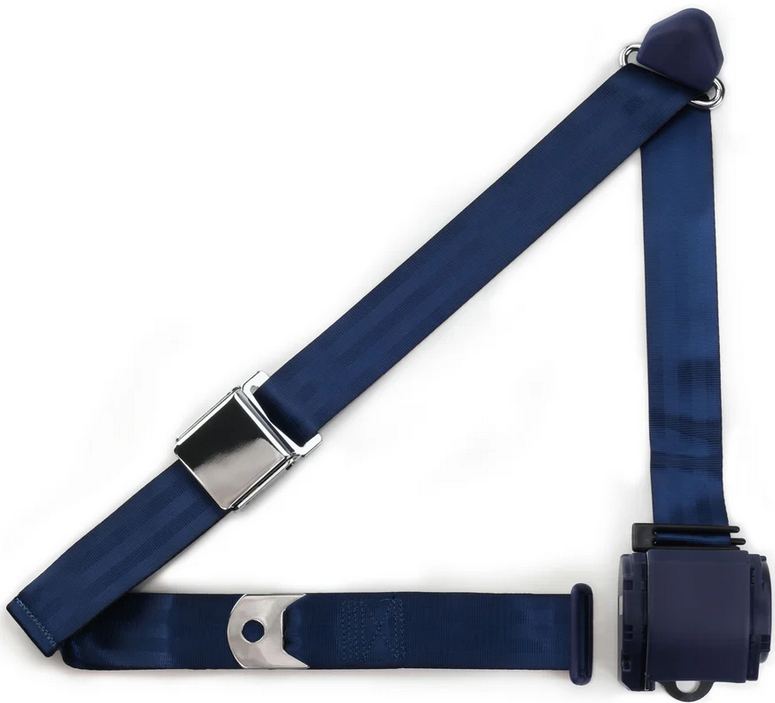 3pt dark blue retractable lap & shoulder belt chrome aviation buckle RETROBELT 359-DKB 3pt dark blue retractable lap & shoulder belt chrome aviation buckle RETROBELT 359-DKB