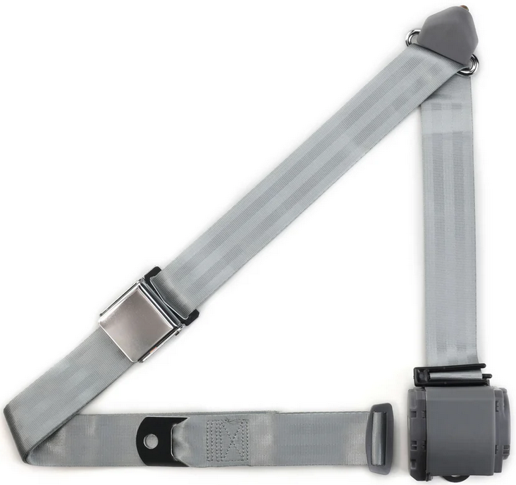 3pt grey retractable lap & shoulder belt chrome aviation buckle RETROBELT 359-GRY 3pt grey retractable lap & shoulder belt chrome aviation buckle RETROBELT 359-GRY