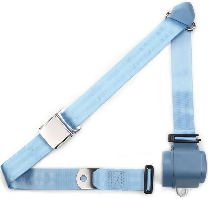 3pt powder blue retractable lap & shoulder belt chrome aviation buckle RETROBELT 359-PDB 3pt powder blue retractable lap & shoulder belt chrome aviation buckle RETROBELT 359-PDB