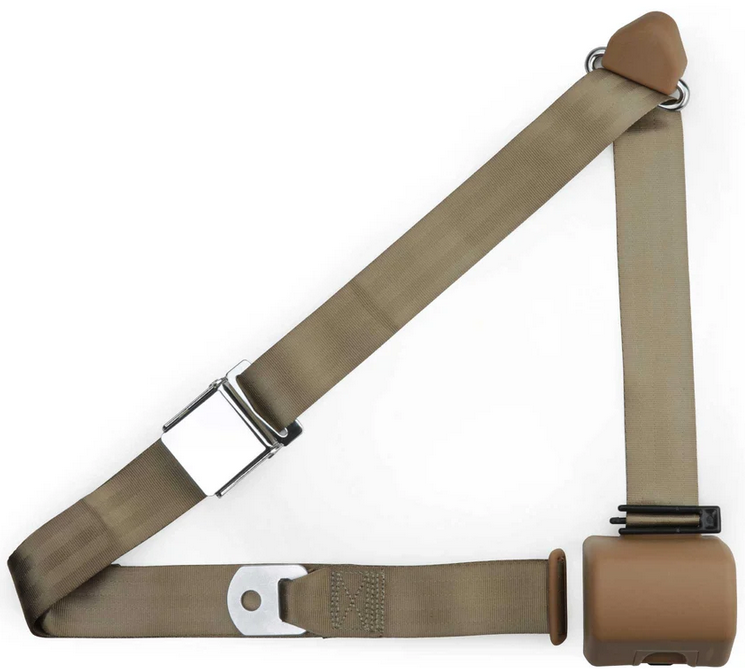 3pt tan retractable lap & shoulder belt chrome aviation buckle RETROBELT 359-TAN 3pt tan retractable lap & shoulder belt chrome aviation buckle RETROBELT 359-TAN