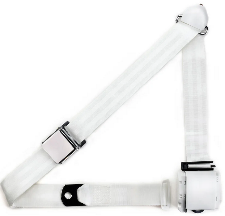 3pt white retractable lap & shoulder belt chrome aviation buckle RETROBELT 359-WHT 3pt white retractable lap & shoulder belt chrome aviation buckle RETROBELT 359-WHT