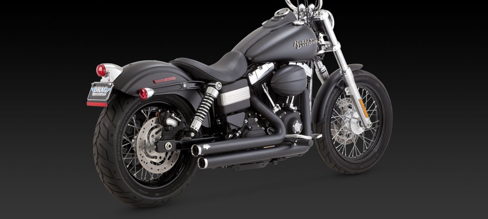 1800-1413 VANCE & HINES BIG SHOTS STAGGERED STRAIGHT CUT BLACK FXDF 1690 FAT BOB 2012-2014* (2)