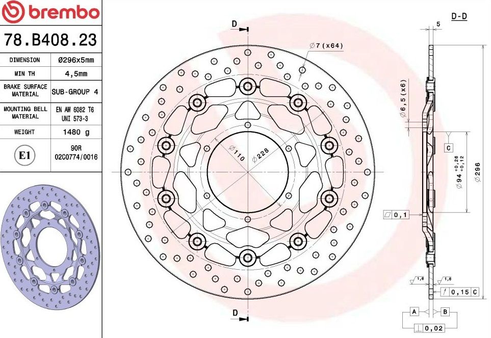 BREMBO DISQUE DE FREINS AVANT SERIE ORO 78B40823 HONDA 900 HORNET 2002-2006