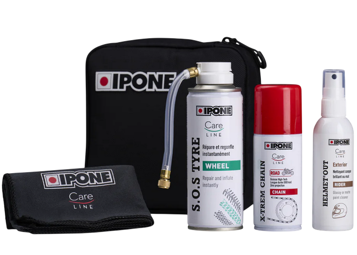 IPONE ROAD TRIP KIT INDISPENSABLE ! 1 pochette + 1 graisse de chaine + 1 bombe anti crevaison + 1 nettoyant casque ext�rieur + 1 lingette microfibre