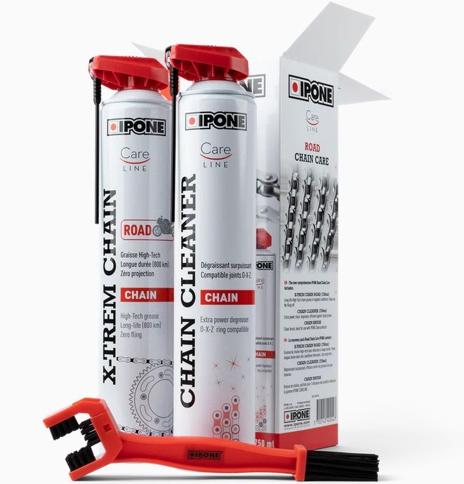 IPONE PACK NETTOYANT LUBRIFIANT CHAINE ROUTE Road Chain Care  NETTOYANT 750ML + GRAISSE DE CHAINE 750 ML + BROSSE 800736