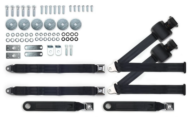 1955-57 chevy 3pt 369-blk-20 belts w/pushbutton & hardware kit for bench seat (pair) RETROBELT RB-557HKT-BLK-BE