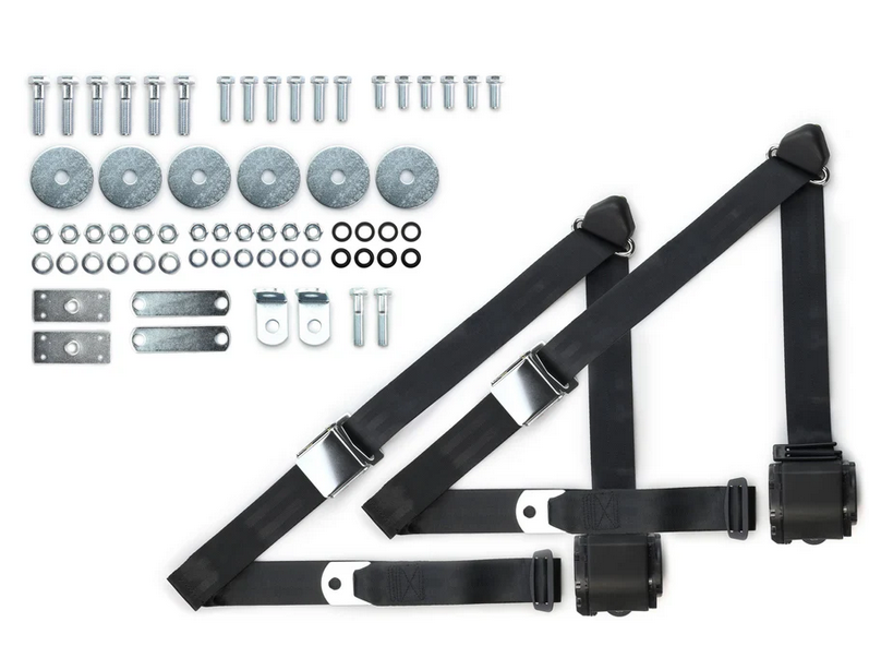 1955-57 chevy 3pt 359-blk belts w/aviation buckle & hardware kit (pair) RETROBELT RB-557HKT-BLK
