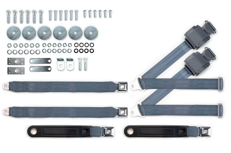 1955-57 chevy 3pt 369-blu-20 belts w/pushbutton & hardware kit for bench seat (pair) RETROBELT RB-557HKT-BLU-BE