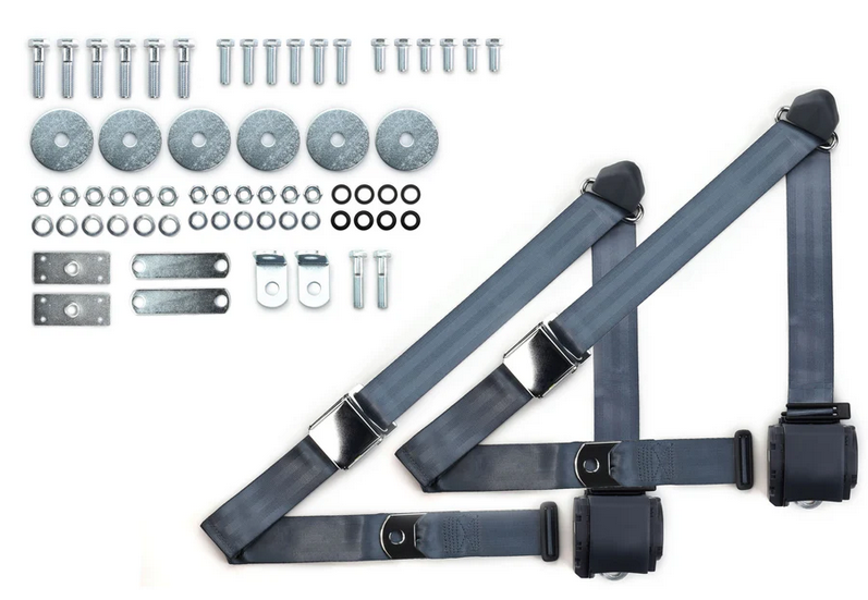 1955-57 chevy 3pt 359-blu belts w/aviation buckle & hardware kit (pair) RETROBELT RB-557HKT-BLU