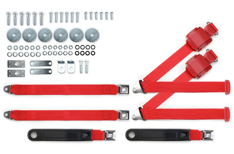 1955-57 chevy 3pt 369-brd-20 belts w/pushbutton & hardware kit for bench seat (pair) RETROBELT RB-557HKT-BRD-BE