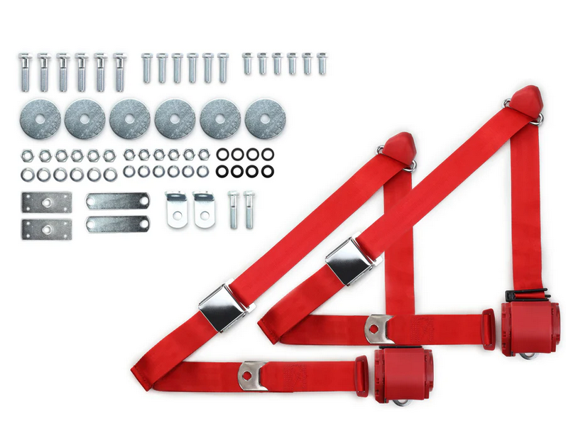 1955-57 chevy 3pt 359-brd belts w/aviation buckle & hardware kit (pair) RETROBELT RB-557HKT-BRD