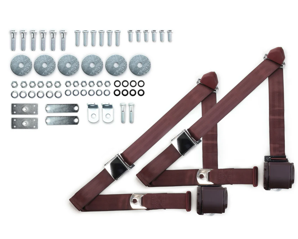 1955-57 chevy 3pt 359-brg belts w/aviation buckle & hardware kit (pair) RETROBELT RB-557HKT-BRG