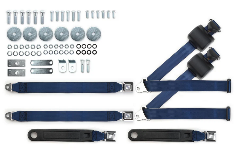 1955-57 chevy 3pt 369-dkb-20 belts w/pushbutton & hardwarer kit for bench seat (pair) RETROBELT RB-557HKT-DKB-BE