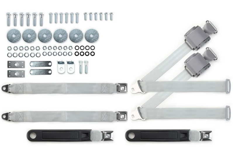 1955-57 chevy 3pt 369-gry-20 belts w/pushbutton & hardware kit for bench seat (pair) RETROBELT RB-557HKT-GRY-BE