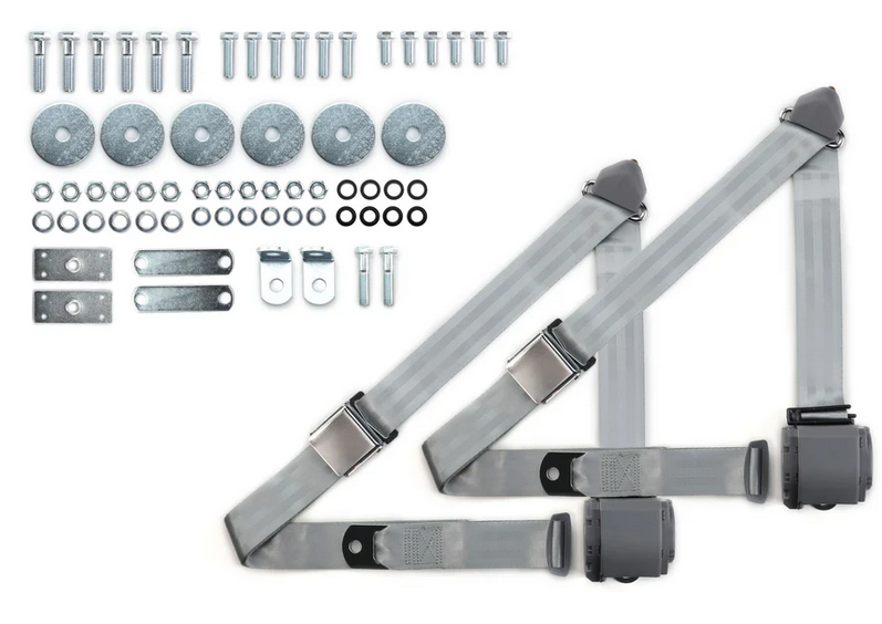 1955-57 chevy 3pt 359-gry belts w/aviation buckle & hardware kit (pair) RETROBELT RB-557HKT-GRY