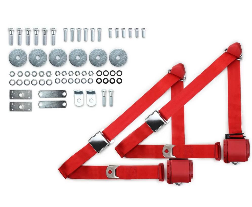 1955-57 chevy 3pt 359-brd belts w/aviation buckle & hardware kit (pair) RETROBELT RB-557HKT-RED