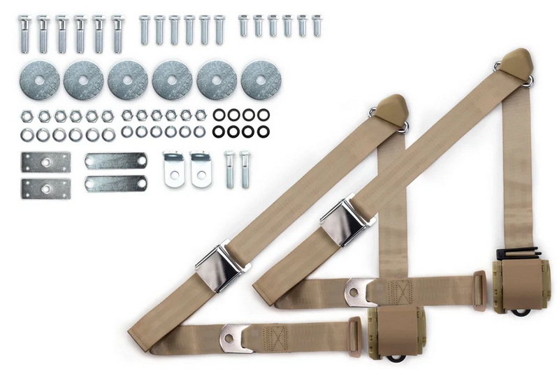 1955-57 chevy 3pt 359-sand belts w/aviation buckle & hardware kit (pair) RETROBELT RB-557HKT-SND