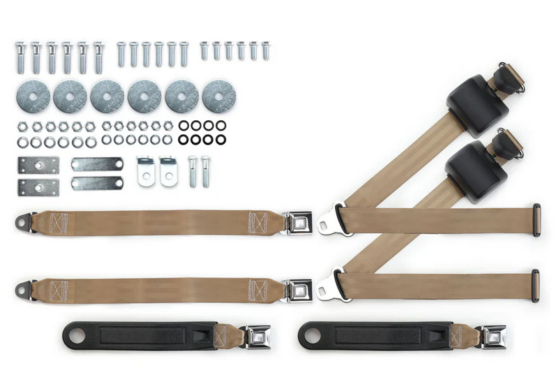 1955-57 chevy 3pt 369-tan-20 belts w/pushbutton & hardware kit for bench seat (pair) RETROBELT RB-557HKT-TAN-BE
