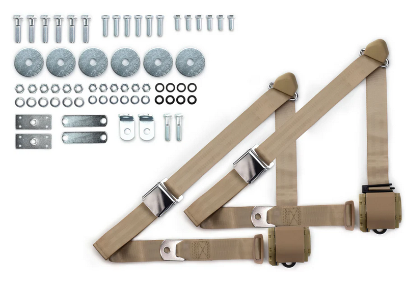 1955-57 chevy 3pt 359-tan belts w/aviation buckle & hardware kit (pair) RETROBELT RB-557HKT-TAN