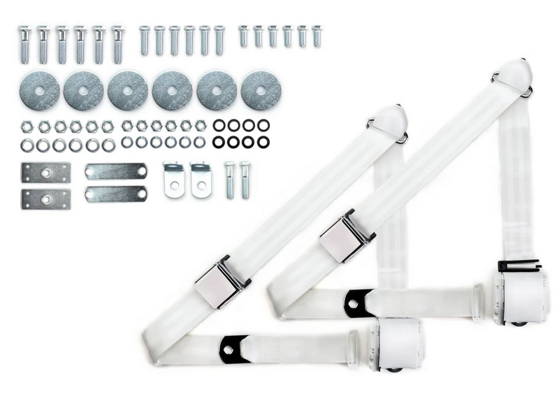 1955-57 chevy 3pt 359-wht belts w/aviation buckle & hardware kit (pair) RETROBELT RB-557HKT-WHT