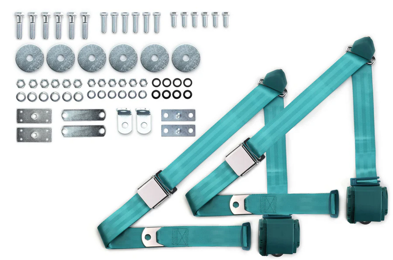 1964-75 gm 3pt 359-trq belts w/aviation buckle & hardware kit (pair) RETROBELT RB-6475GMKT-AQA