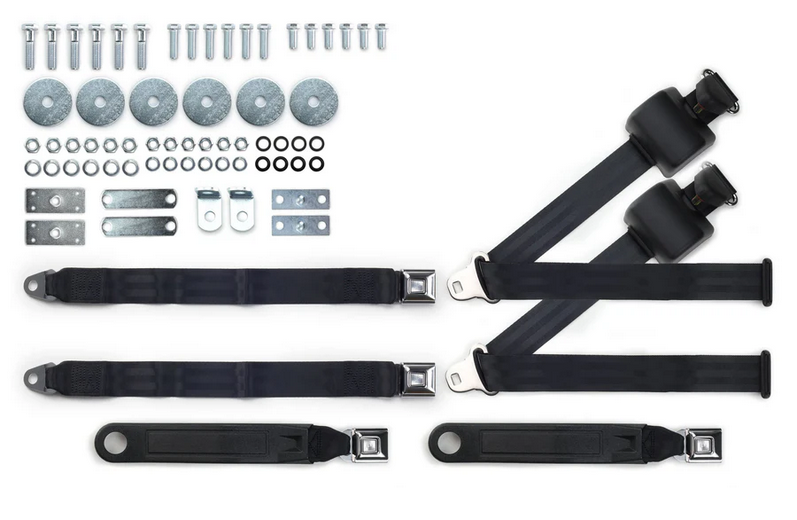 1964-75 gm 3pt 369-blk-20 belts w/pushbutton buckle & hardware kit for bench seats (pair) RETROBELT RB-6475GMKT-BLK-BE
