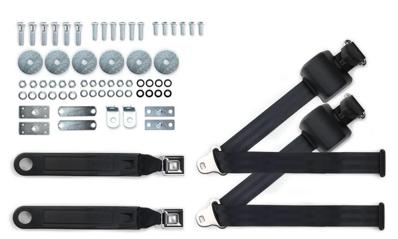 1964-75 gm 3pt 369-blk-12 belts w/pushbutton buckle & hardware kit for bucket seats (pair) RETROBELT RB-6475GMKT-BLK-BU