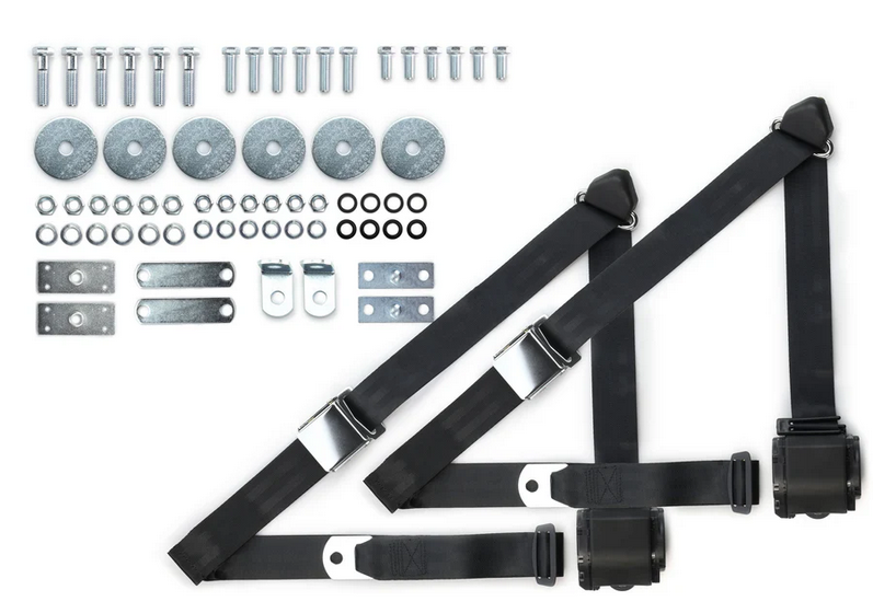 1964-75 gm 3pt 359-blk belts w/aviation buckle & hardware kit (pair) RETROBELT RB-6475GMKT-BLK