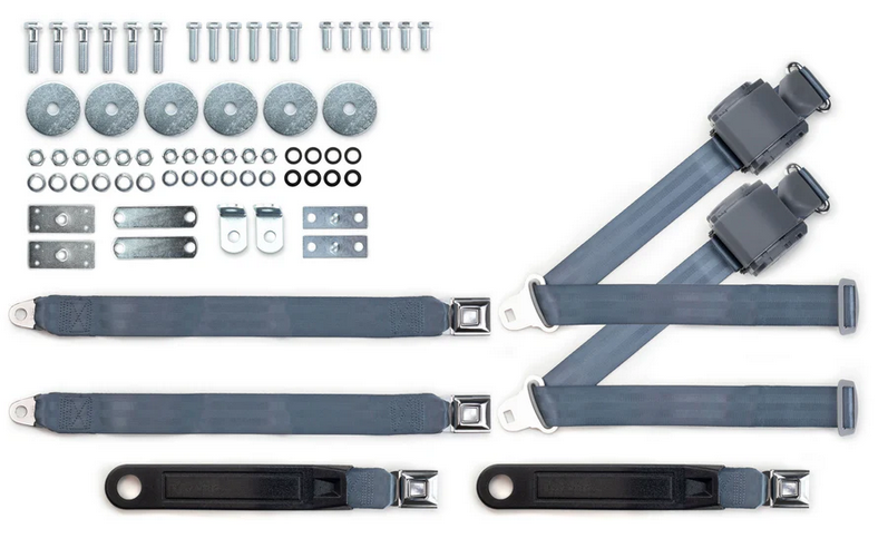 1964-75 gm 3pt 369-blu-20 belts w/pushbutton buckle & hardware kit for bench seats (pair) RETROBELT RB-6475GMKT-BLU-BE