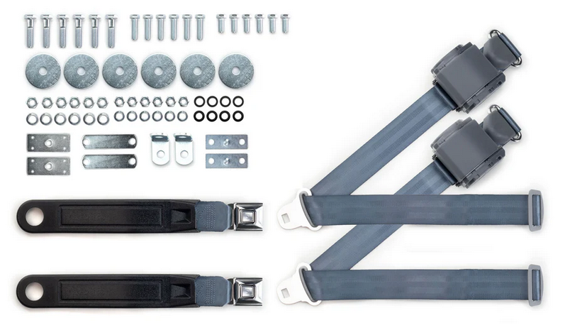 1964-75 gm 3pt 369-blu-12 belts w/pushbutton buckle & hardware kit for bucket seats (pair) RETROBELT RB-6475GMKT-BLU-BU