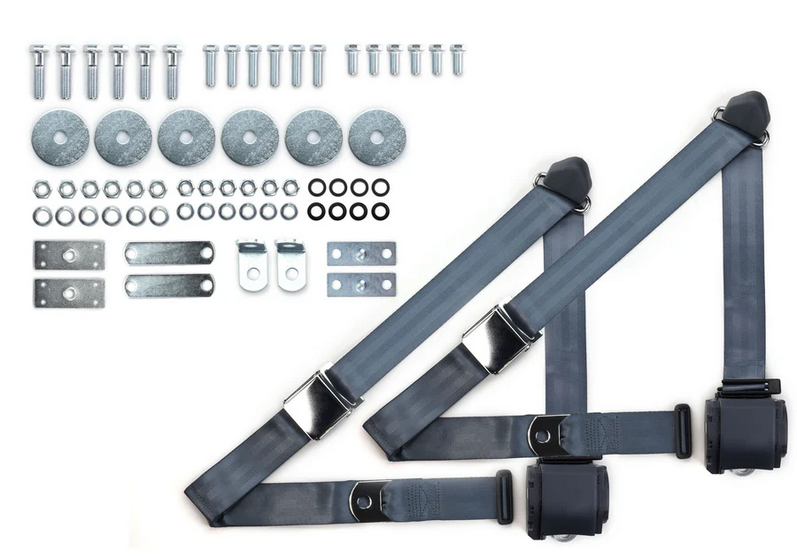 1964-75 gm 3pt 359-blu belts w/aviation buckle & hardware kit (pair) RETROBELT RB-6475GMKT-BLU