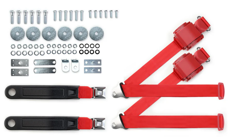 1964-75 gm 3pt 369-brd-12 belts w/pushbutton buckle & hardware kit for bucket seats (pair) RETROBELT RB-6475GMKT-BRD-BU