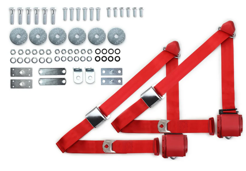 1964-75 gm 3pt 359-brd belts w/aviation buckle & hardware kit (pair) RETROBELT RB-6475GMKT-BRD