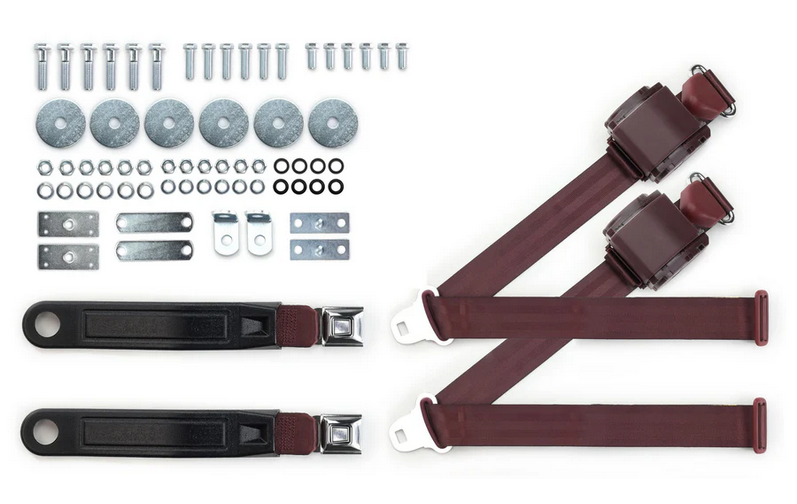 1964-75 gm 3pt 369-brg-12 belts w/pushbutton buckle & hardware kit for bucket seats (pair) RETROBELT RB-6475GMKT-BRG-BU