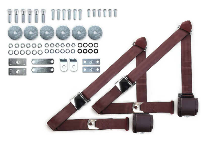 1964-75 gm 3pt 359-brg belts w/aviation buckle & hardware kit (pair) RETROBELT RB-6475GMKT-BRG