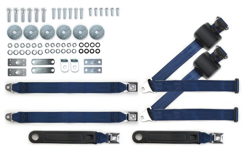 1964-75 gm 3pt 369-dkb-20 belts w/pushbutton buckle & hardware kit for bench seats (pair) RETROBELT RB-6475GMKT-DKB-BE