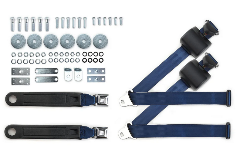 1964-75 gm 3pt 369-dkb-12 belts w/pushbutton buckle & hardware kit for bucket seats (pair) RETROBELT RB-6475GMKT-DKB-BU