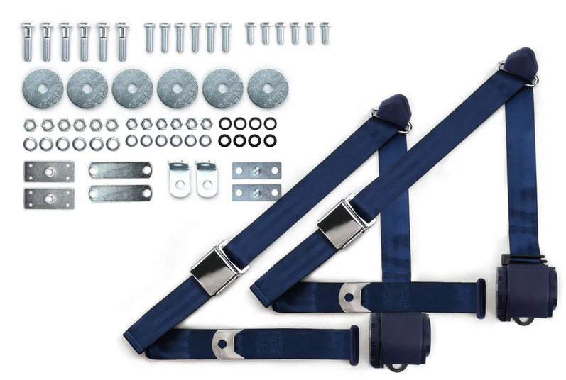 1964-75 gm 3pt 359-dkb belts w/aviation buckle & hardware kit (pair) RETROBELT RB-6475GMKT-DKB