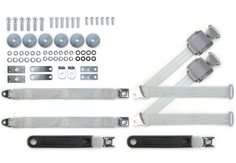 1964-75 gm 3pt 369-gry-20 belts w/pushbutton buckle & hardware kit for bench seats (pair) RETROBELT RB-6475GMKT-GRY-BE