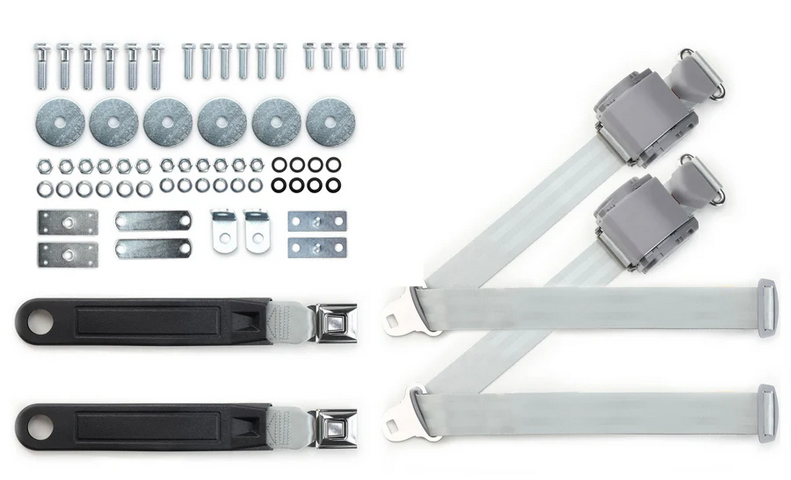1964-75 gm 3pt 369-gry-12 belts w/pushbutton buckle & hardware kit for bucket seats (pair) RETROBELT RB-6475GMKT-GRY-BU