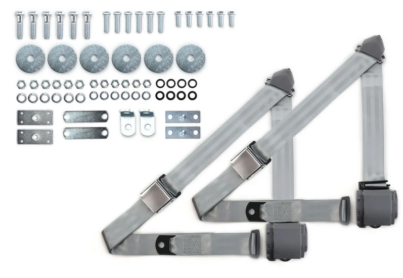 1964-75 gm 3pt 359-gry belts w/aviation buckle & hardware kit (pair) RETROBELT RB-6475GMKT-GRY