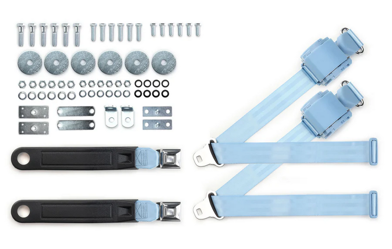 1964-75 gm 3pt 369-pdb-12 belts w/pushbutton buckle & hardware kit for bucket seats (pair) RETROBELT RB-6475GMKT-PDB-BU